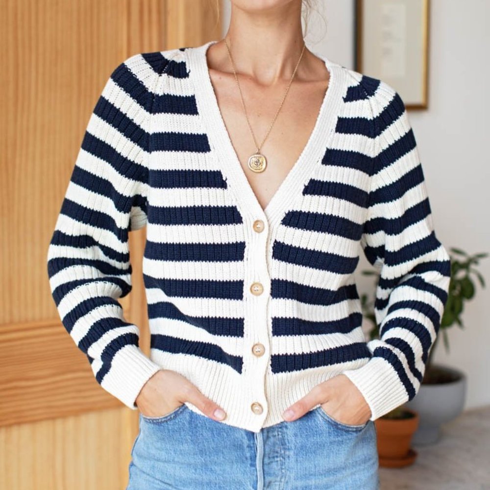 Emerson Fry Low V Neck Cardigan — Navy French Stripe
